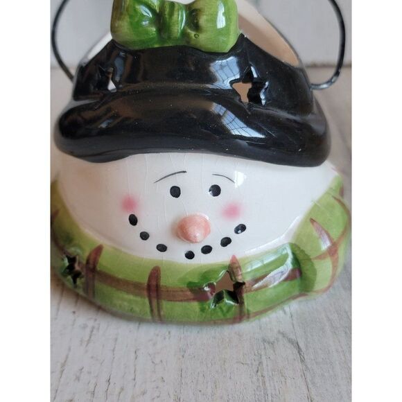 Snowman face tea light candle holder green bow star Xmas figure - Picture 2 of 11